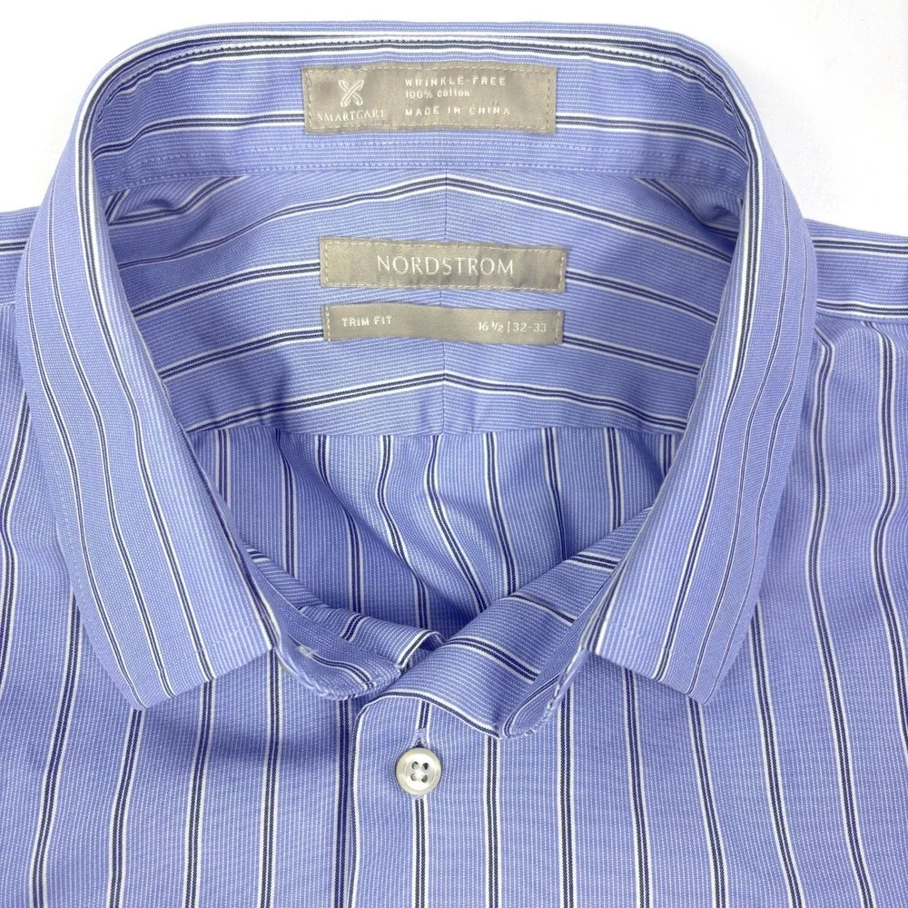 Nordstrom Trim Fit Button Up Shirt Mens Sz 16 1/2 32-33 Blue‎ White Stripe Smart